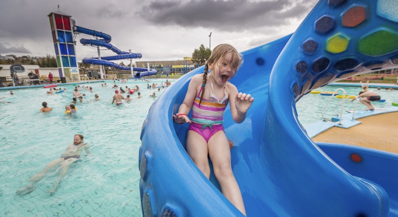Children at the Laugardalslaug pool in Reykjavik